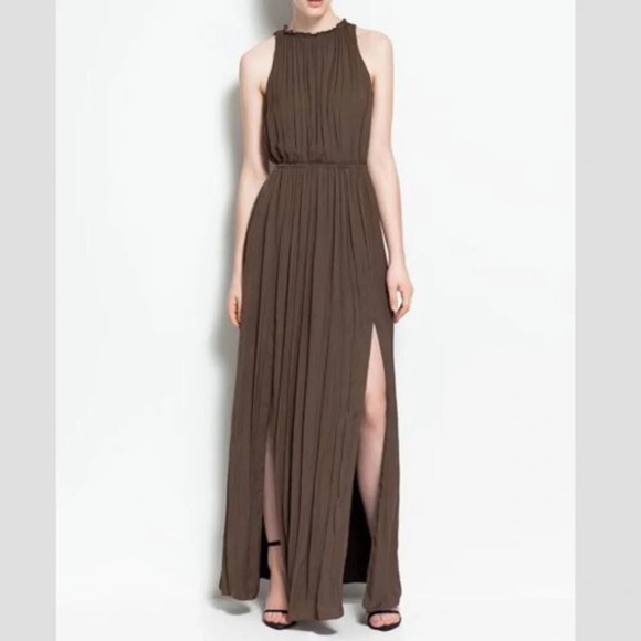 Zara Empire Waist Brown Satin Open Back Slit Maxi Dress Size XS - Picture 8 of 16